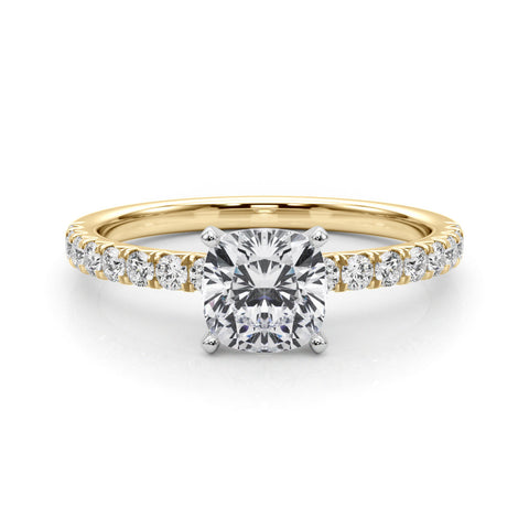 Yellow gold Cushion Solitaire Pave Diamond Engagement Ring with Four-Prong Setting