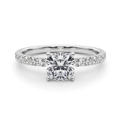 Platinum Cushion Solitaire Pave Diamond Engagement Ring with Four-Prong Setting