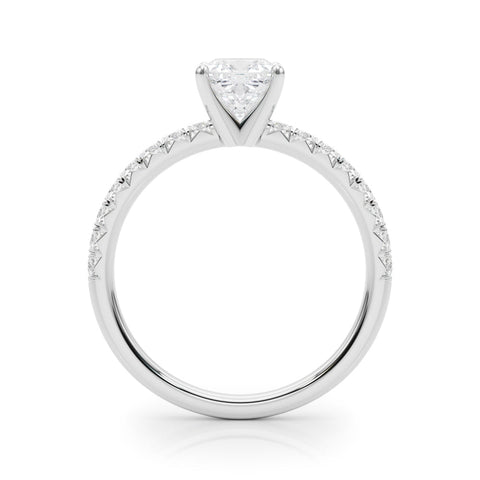 Platinum Cushion Solitaire Pave Diamond Engagement Ring with Four-Prong Setting