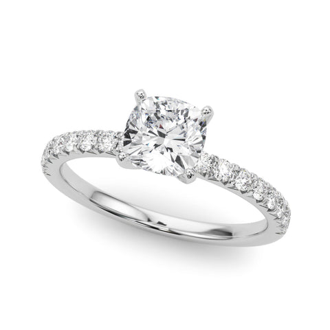 Silver Cushion Solitaire Pave Diamond Engagement Ring with Four-Prong Setting