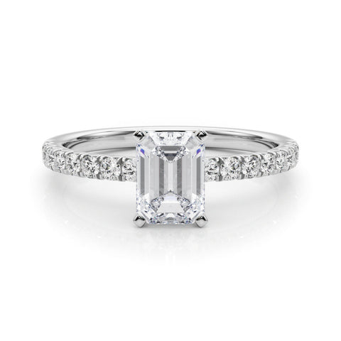 Silver Emerald Solitaire Pave Diamond Engagement Ring with Four-Prong Setting