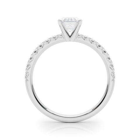 Silver Emerald Solitaire Pave Diamond Engagement Ring with Four-Prong Setting
