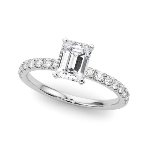 Silver Radiant Solitaire Pave Diamond Engagement Ring with Four-Prong Setting