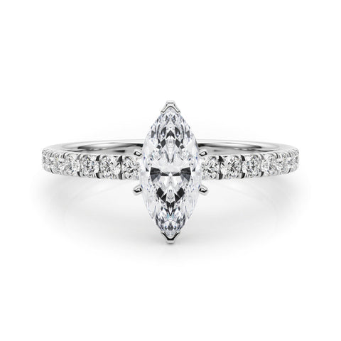 Silver Marquise Solitaire Pave Diamond Engagement Ring with Four-Prong Setting