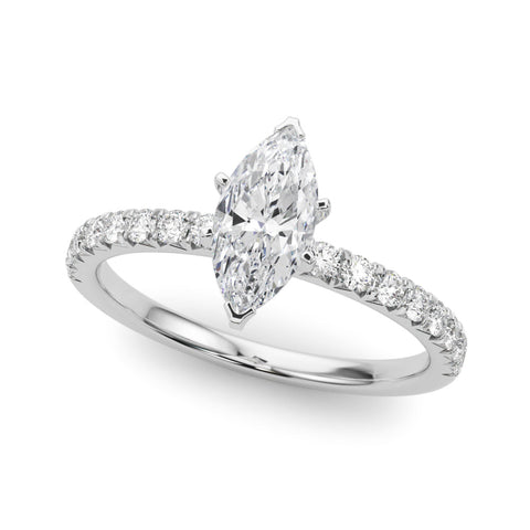 Silver Marquise Solitaire Pave Diamond Engagement Ring with Four-Prong Setting