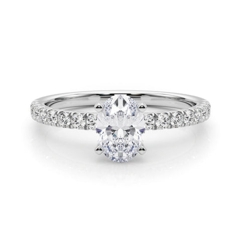 Platinum Oval Solitaire Pave Diamond Engagement Ring with Four-Prong Setting