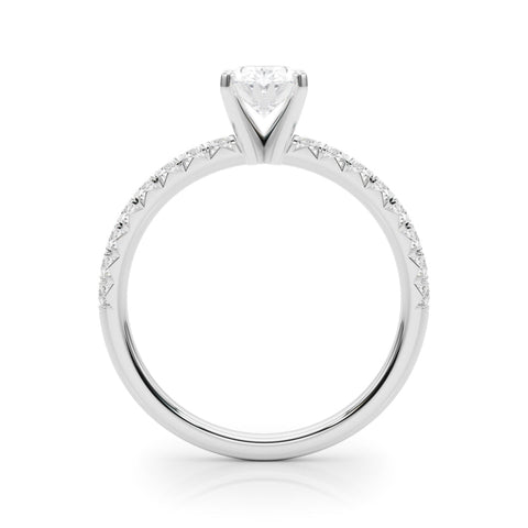 Silver Oval Solitaire Pave Diamond Engagement Ring with Four-Prong Setting