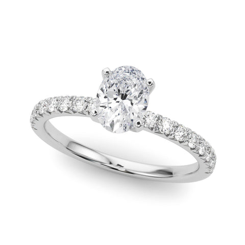 Silver Oval Solitaire Pave Diamond Engagement Ring with Four-Prong Setting