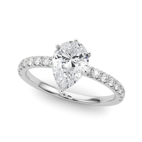 Silver Pear Solitaire Pave Diamond Engagement Ring with Four-Prong Setting