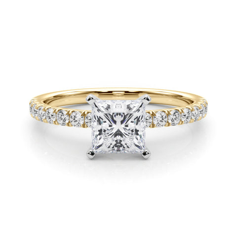 Yellow gold Round Solitaire Pave Diamond Engagement Ring with Four-Prong Setting