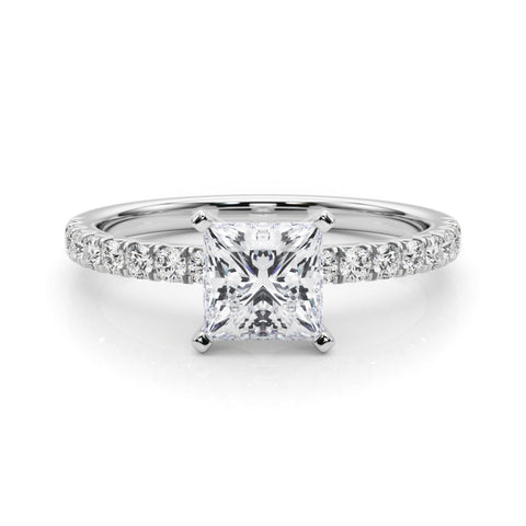 Platinum Round Solitaire Pave Diamond Engagement Ring with Four-Prong Setting