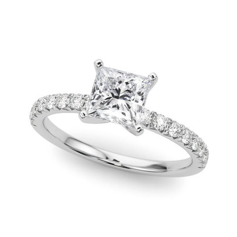 Platinum Round Solitaire Pave Diamond Engagement Ring with Four-Prong Setting