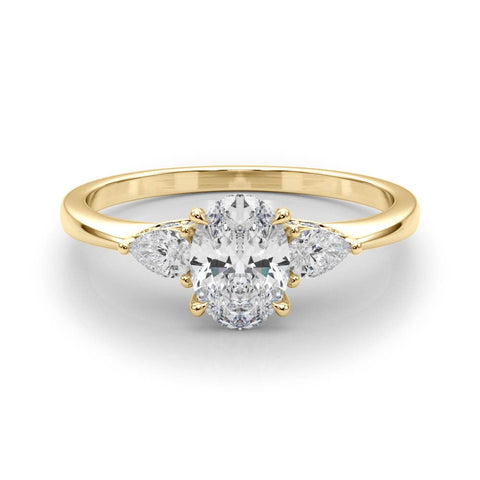 Yellow gold Oval Cut Three-Stone Diamond Ring with Pear Side Stones on a Classic Solitaire Band with Prong Setting