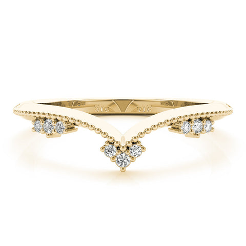 Yellow gold Diamond Chevron Milgrain Band with Round Cut Stones and Prong Setting