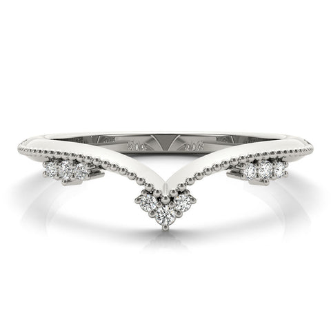 White gold Diamond Chevron Milgrain Band with Round Cut Stones and Prong Setting