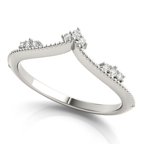 White gold Diamond Chevron Milgrain Band with Round Cut Stones and Prong Setting