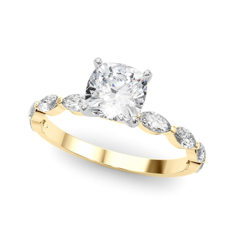 Yellow gold Cushion Solitaire with Side Stones on a Pavé Band and Four-Prong Setting