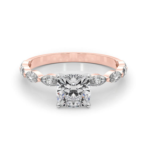 Rose gold Cushion Solitaire with Side Stones on a Pavé Band and Four-Prong Setting