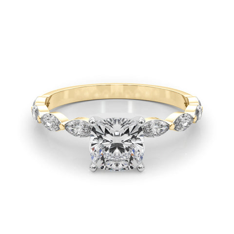 Yellow gold Cushion Solitaire with Side Stones on a Pavé Band and Four-Prong Setting