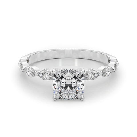 Platinum Cushion Solitaire with Side Stones on a Pavé Band and Four-Prong Setting