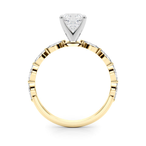 Yellow gold Cushion Solitaire with Side Stones on a Pavé Band and Four-Prong Setting