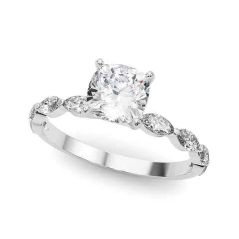 Platinum Cushion Solitaire with Side Stones on a Pavé Band and Four-Prong Setting