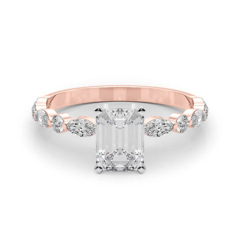 Rose gold Radiant Solitaire with Side Stones on a Pavé Band and Four-Prong Setting