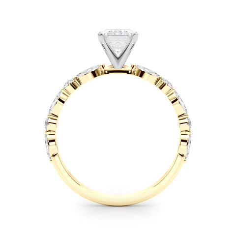Yellow gold Emerald Solitaire with Side Stones on a Pavé Band and Four-Prong Setting