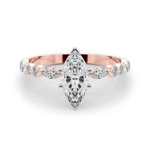 Rose gold Marquise Solitaire with Side Stones on a Pavé Band and Four-Prong Setting