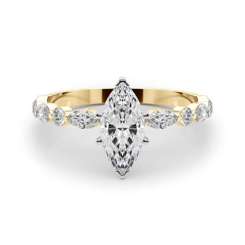 Yellow gold Marquise Solitaire with Side Stones on a Pavé Band and Four-Prong Setting