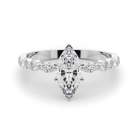 White gold Marquise Solitaire with Side Stones on a Pavé Band and Four-Prong Setting