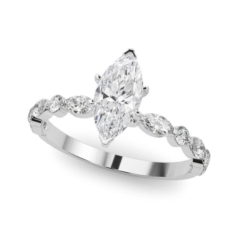 Platinum Marquise Solitaire with Side Stones on a Pavé Band and Four-Prong Setting