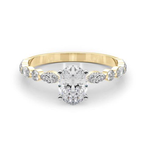 Yellow gold Oval Solitaire with Side Stones on a Pavé Band and Four-Prong Setting