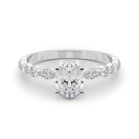 White gold Oval Solitaire with Side Stones on a Pavé Band and Four-Prong Setting