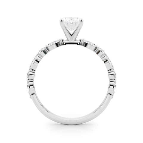White gold Oval Solitaire with Side Stones on a Pavé Band and Four-Prong Setting