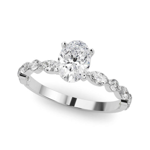 White gold Oval Solitaire with Side Stones on a Pavé Band and Four-Prong Setting