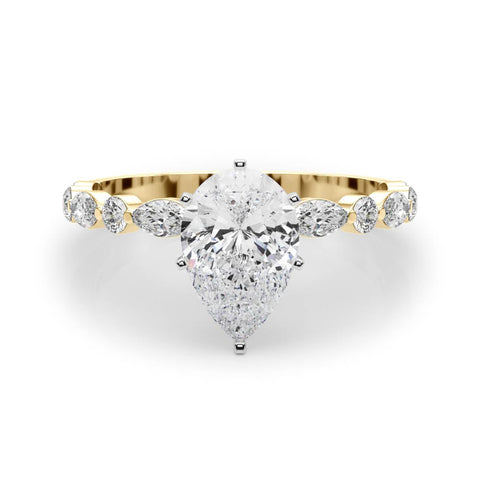 Yellow gold Pear Solitaire with Side Stones on a Pavé Band and Four-Prong Setting