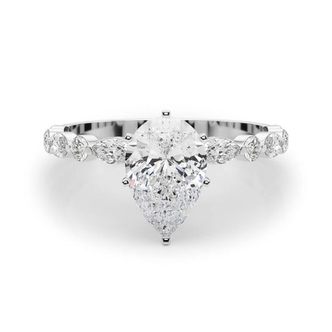 White gold Pear Solitaire with Side Stones on a Pavé Band and Four-Prong Setting