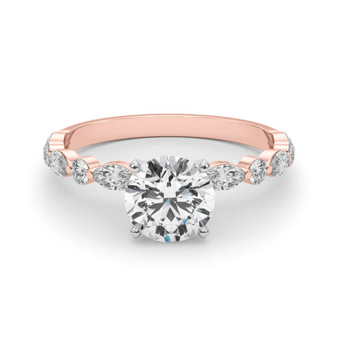 Rose gold Round Solitaire with Side Stones on a Pavé Band and Four-Prong Setting