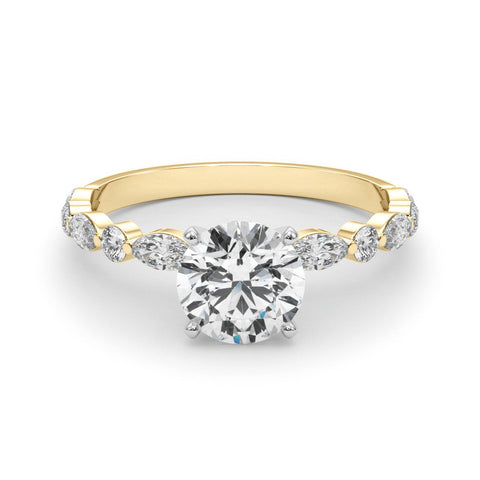 Yellow gold Round Solitaire with Side Stones on a Pavé Band and Four-Prong Setting