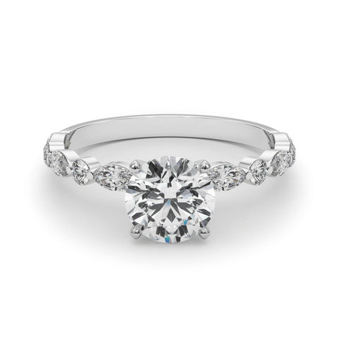 White gold Round Solitaire with Side Stones on a Pavé Band and Four-Prong Setting