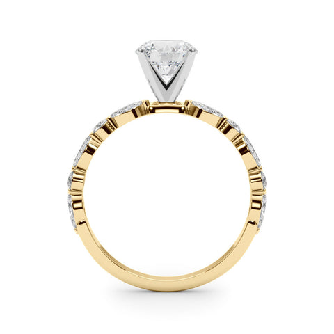 Yellow gold Round Solitaire with Side Stones on a Pavé Band and Four-Prong Setting