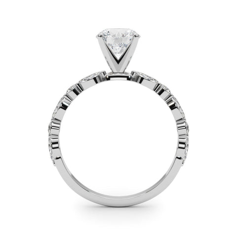 White gold Round Solitaire with Side Stones on a Pavé Band and Four-Prong Setting