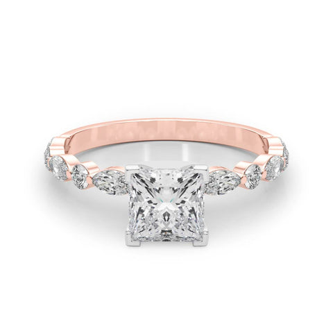 Rose gold Princess Solitaire with Side Stones on a Pavé Band and Four-Prong Setting