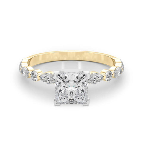 Yellow gold Princess Solitaire with Side Stones on a Pavé Band and Four-Prong Setting