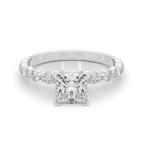 Platinum Princess Solitaire with Side Stones on a Pavé Band and Four-Prong Setting