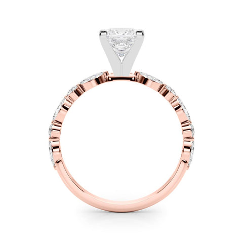 Rose gold Princess Solitaire with Side Stones on a Pavé Band and Four-Prong Setting