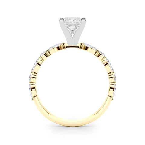Yellow gold Princess Solitaire with Side Stones on a Pavé Band and Four-Prong Setting