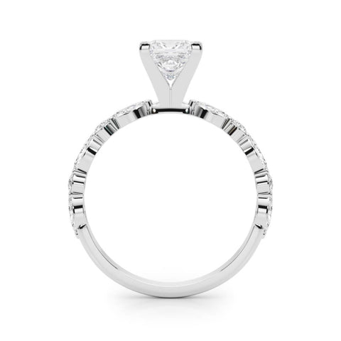 Platinum Princess Solitaire with Side Stones on a Pavé Band and Four-Prong Setting