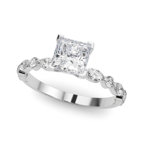 Platinum Princess Solitaire with Side Stones on a Pavé Band and Four-Prong Setting